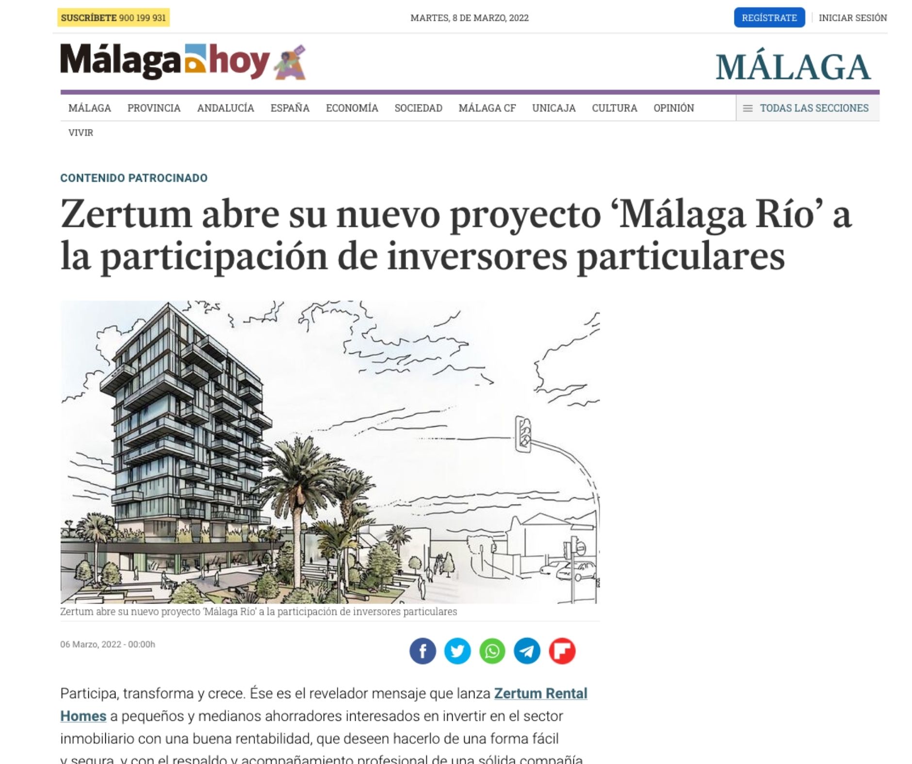Zertum abre su nuevo proyecto ‘Málaga Río’ a la participación de inversores particulares