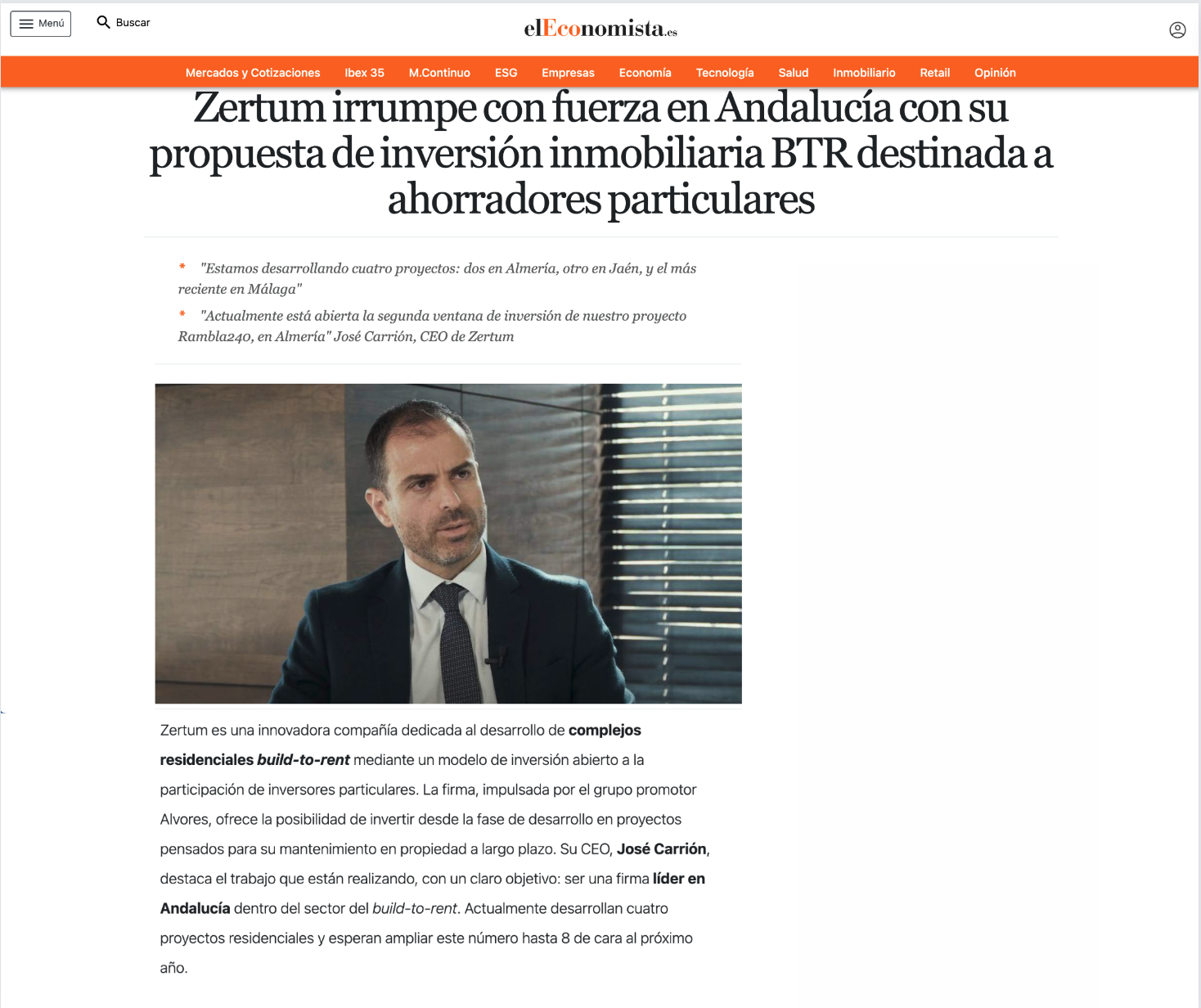 Zertum irrumpe con fuerza en Andalucía con su propuesta de inversión inmobiliaria BTR destinada a ahorradores particulares