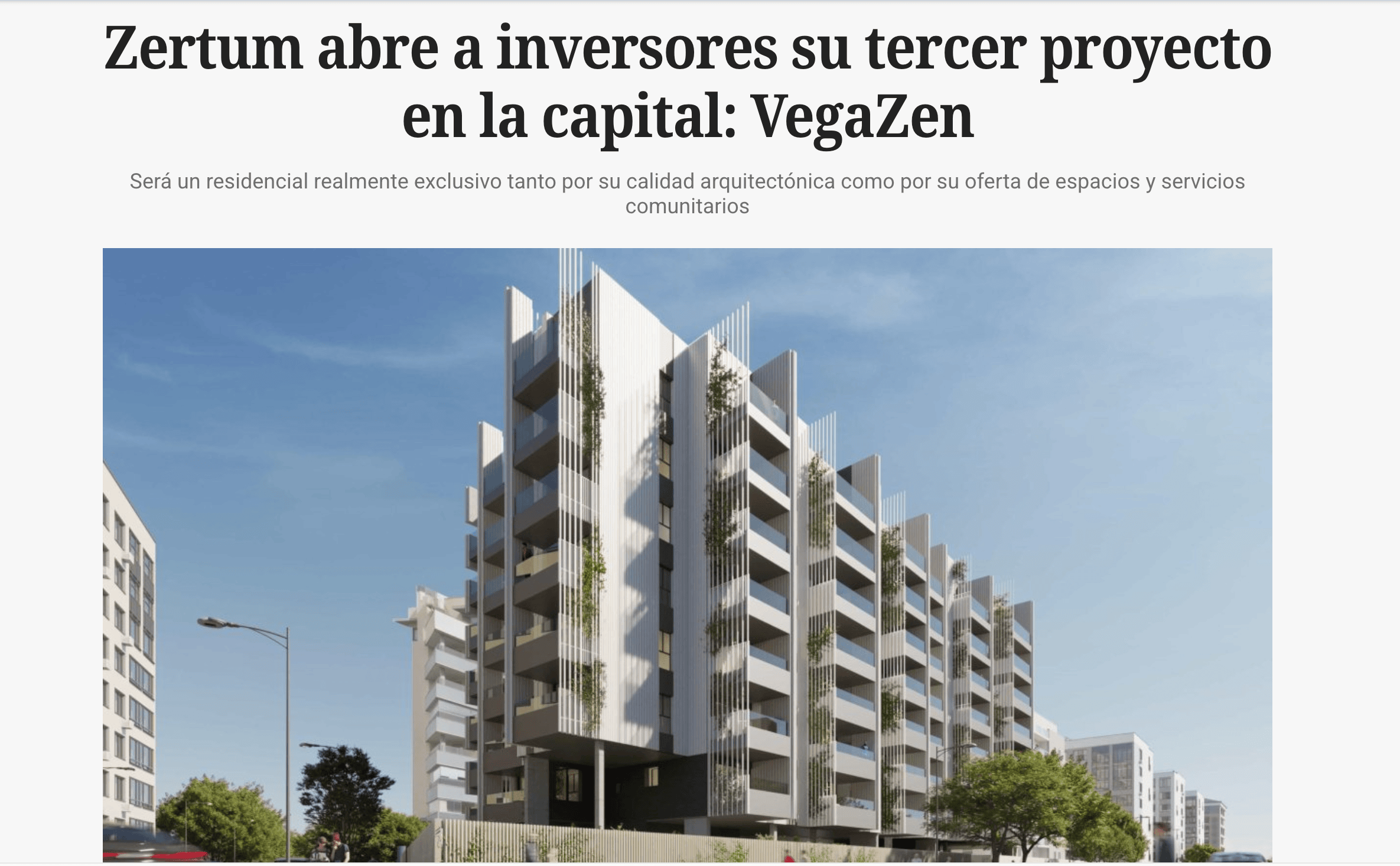 Zertum abre a inversores su tercer proyecto en la capital: VegaZen